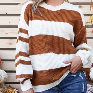 white and brown striped sweater